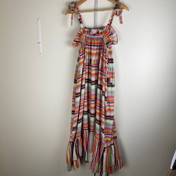 Rue de la Lune Sabi Dress Size ML Pink Multi Ruffle Cotton Stripe Maxi Colorful - Picture 9 of 14